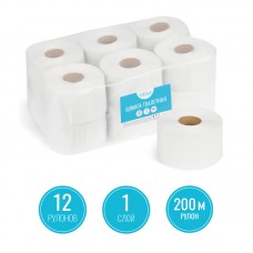 Бумага туалетная Vega Professional, 1-сл., 200м/рул., , КОМПЛЕКТ 12 шт.,белая