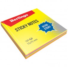 Блок самоклеящийся Berlingo "Ultra Sticky", 75*75мм, 100л, 4 неоновых цвета