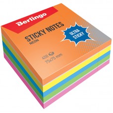 Блок самоклеящийся Berlingo "Ultra Sticky", 75*75мм, 450л, 5 неоновых цветов + 1 белый