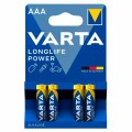 Батарейки алкалиновые "мизинчиковые" КОМПЛЕКТ 4 шт., VARTA LONGLIFE POWER, ААА (LR03, 15А), блистер, 4903121414