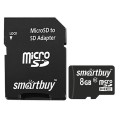 Карта памяти micro SDHC, 8 GB, SMARTBUY, 10 Мб/сек. (class 10), с адаптером, SB8GBSDCL10-01