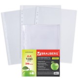 Папки-файлы перфорированные, А4, BRAUBERG, комплект 100 шт., гладкие, "Яблоко", 35 мкм, 221710