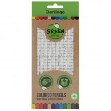 Карандаши цветные Berlingo "SuperSoft. Green Series", 12цв., из переработанной бумаги, заточен., картон, европодвес,  SSG0712