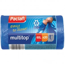 Мешки для мусора 60л Paclan "Multitop" ПВД, 60*72см, 14мкм, 20шт., синие, в рулоне