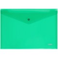 Папка-конверт на кнопке СТАММ А4, 180мкм, пластик, прозрачная, зеленая, удаляемая этикетка