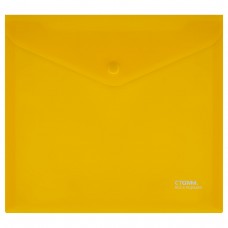 Папка-конверт на кнопке СТАММ А5+, 180мкм, пластик, прозрачная, желтая, удаляемая этикетка
