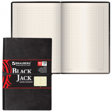Блокнот МАЛЫЙ ФОРМАТ (100х150 мм) А6, BRAUBERG "Black Jack", 128 л., гладкий кожзам, резинка, клетка, черный, 125243